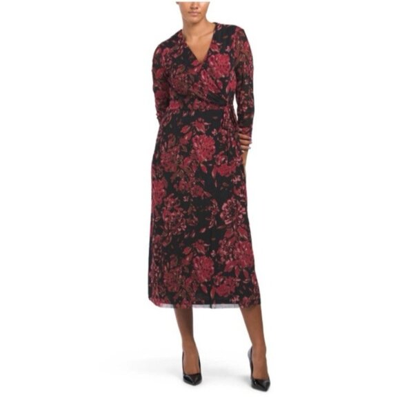 Anne Klein Midi Dress S Black Plum Pink Red 3/4 Long Sleeve Stretch Faux Wrap - Picture 1 of 16